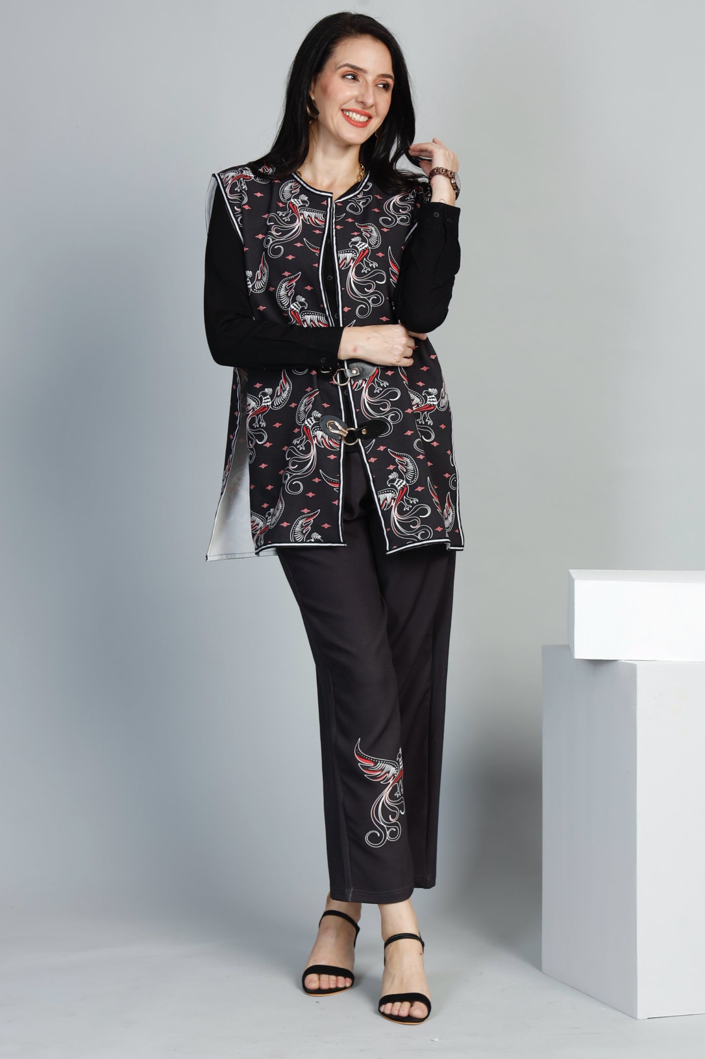Black Bird Buckle Jacket & Pants Set – Stylish, Versatile Party & Festive Outfit