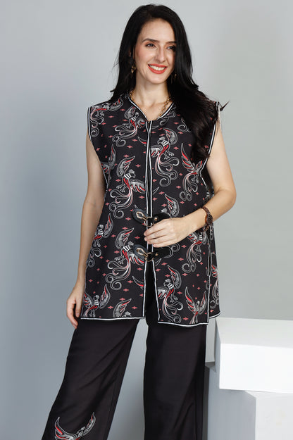 Black Bird Buckle Jacket & Pants Set – Stylish, Versatile Party & Festive Outfit