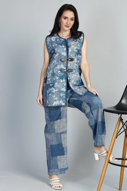 Stylish Denim print Buckle Jacket & Pants Set – Versatile Cotton Blend for Any Occasion