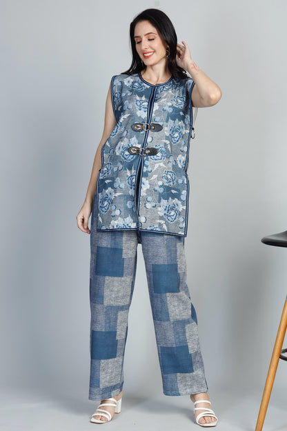 Stylish Denim print Buckle Jacket & Pants Set – Versatile Cotton Blend for Any Occasion