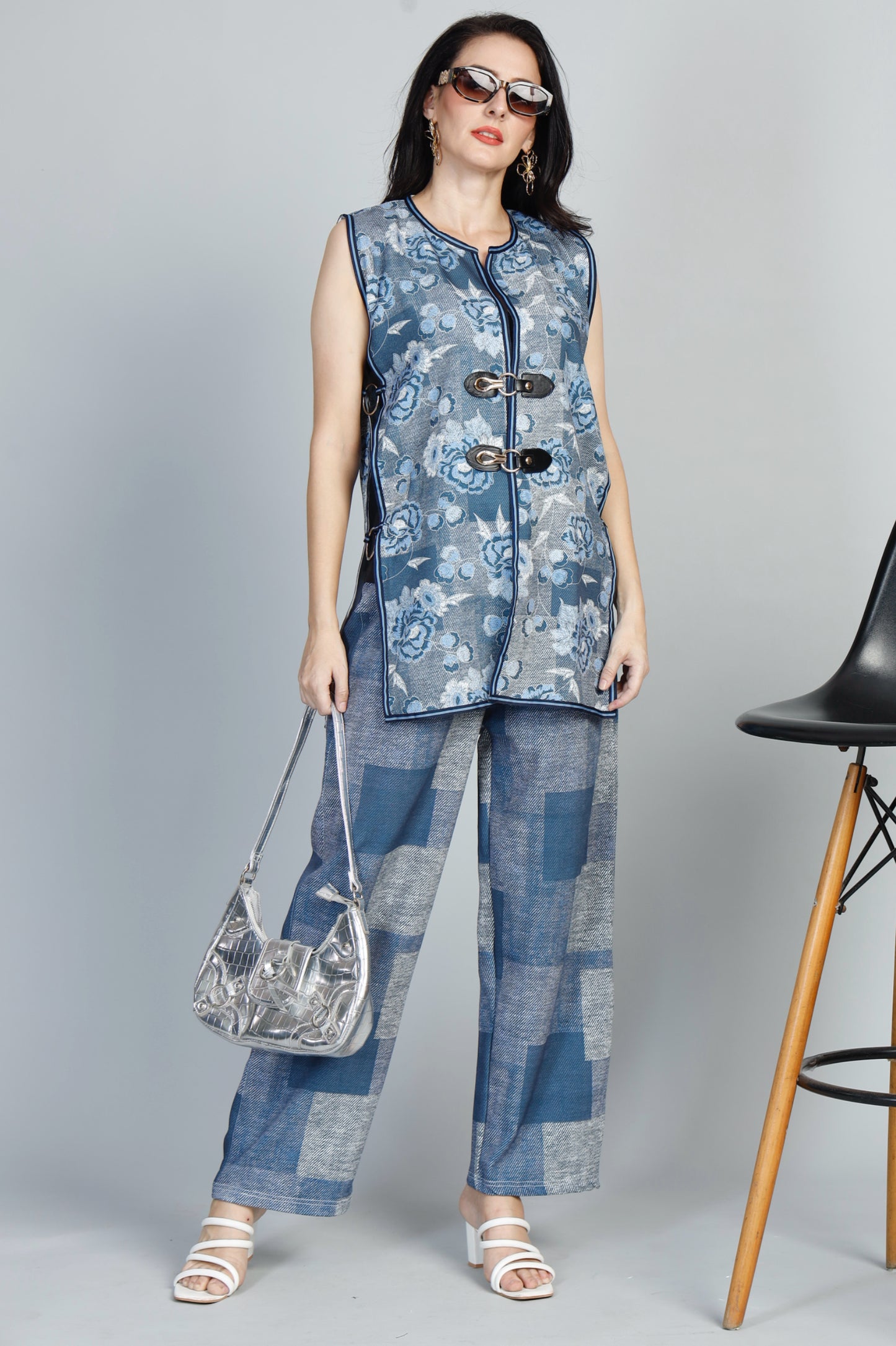 Stylish Denim print Buckle Jacket & Pants Set – Versatile Cotton Blend for Any Occasion