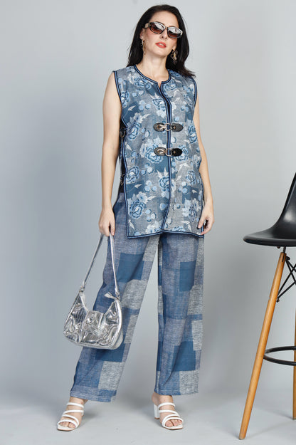 Stylish Denim print Buckle Jacket & Pants Set – Versatile Cotton Blend for Any Occasion